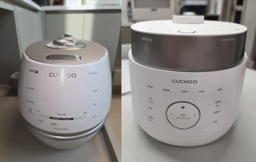 쿠쿠 올스텐 밥솥 CRP-DHAS069FW(좌측) vs. 쿠쿠 마스터셰프 트윈프레셔 IH전기압력밥솥 CRP-LHTR0610FW(우측)